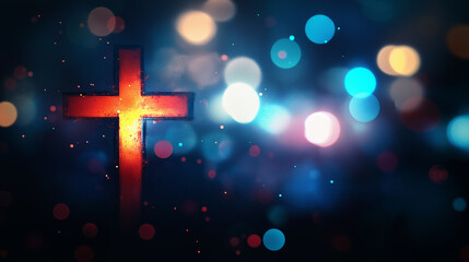  Blurred, abstract interior church, defocuss glowing cross, symbolize  spirit Christianity, faith, and religion. Worship, god, silhouette, jesus, light. Digital watercolor soft monotone.