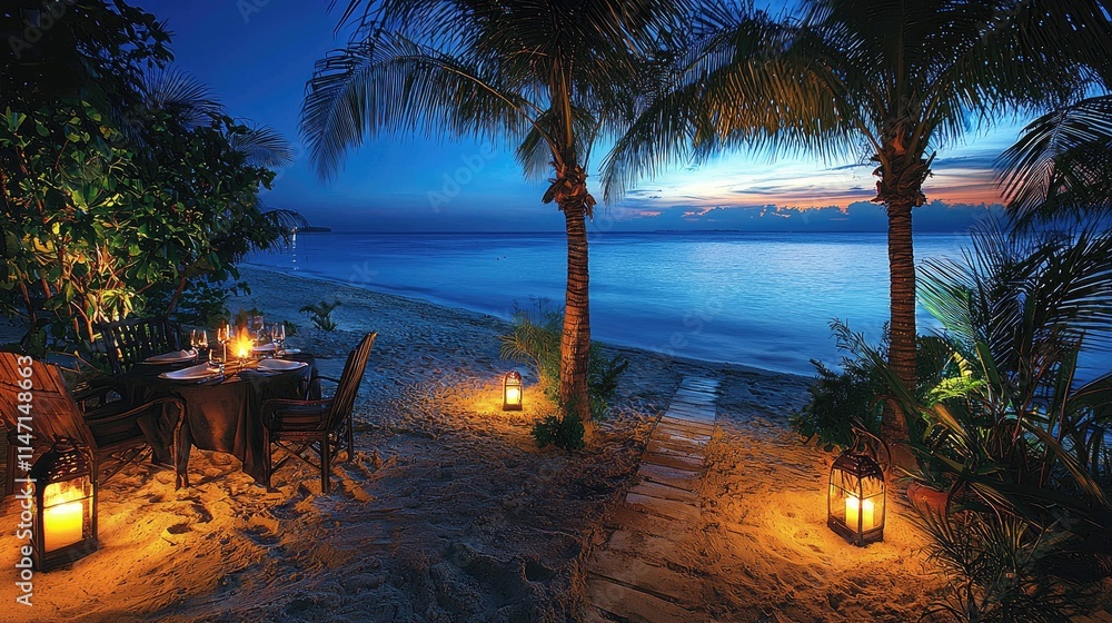 Poster a serene beach setting at twilight with dining setup and lanterns.