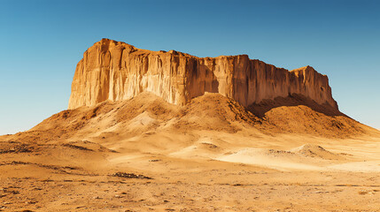 Barren desert landscape with dramatic cliffs and sandy terrain under a clear sky, showcasing the vast, arid environment. Craggy. Illustration