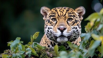 Obraz premium Majestic jaguar peering through foliage.