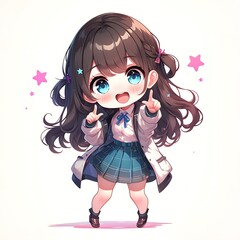 Fototapeta premium Cute anime girl, chibi style, pointing. Concept of happiness, joy, and childhood.