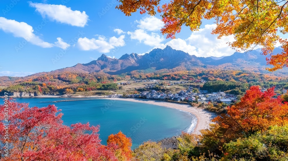 Canvas Prints Autumnal coastal village nestled in vibrant foliage, mountains backdrop.