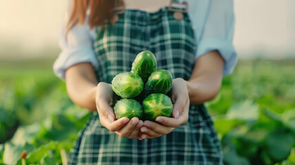 A dedicated farmer woman proudly holds fresh cucumbers, showcasing her hard work and harvest in the lush garden.