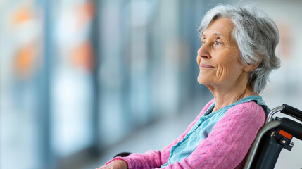 Fototapeta premium Compassionate care for elderly women in wheelchairs brings comfort and smiles in a cozy nursing home setting.
