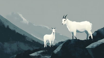 Fototapeta premium Digital mountain goats, minimalist style, mother and kid on craggy terrain. Craggy. Illustration