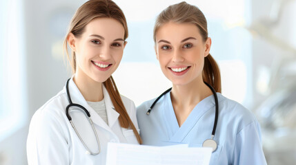 Fototapeta premium A skilled female dentist reviews medical reports with her assistant, ensuring great care in their dental practice.