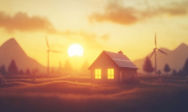 A serene sunset scene featuring a house and wind turbines.