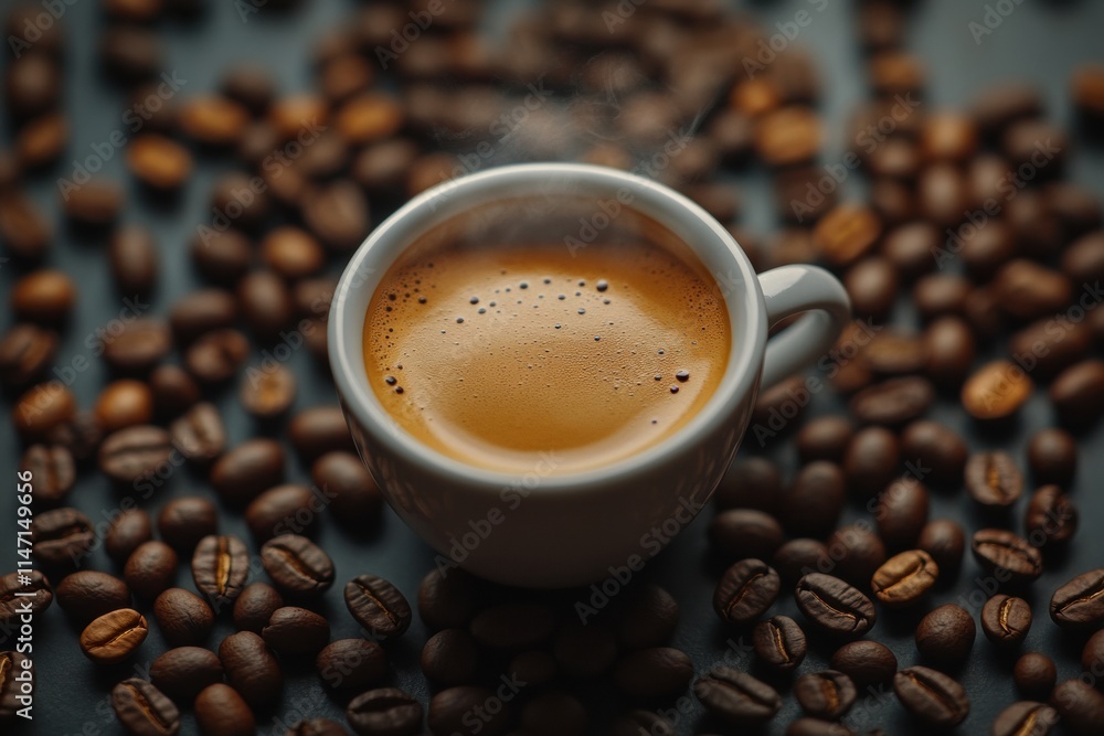 Fototapete Close up of a cup of coffee surrounded by roasted beans on a dark surface creating a rich and inviting atmosphere. Generative AI