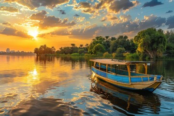 Fototapeta premium A serene boat gliding on a river at sunset, reflecting vibrant colors across the water.