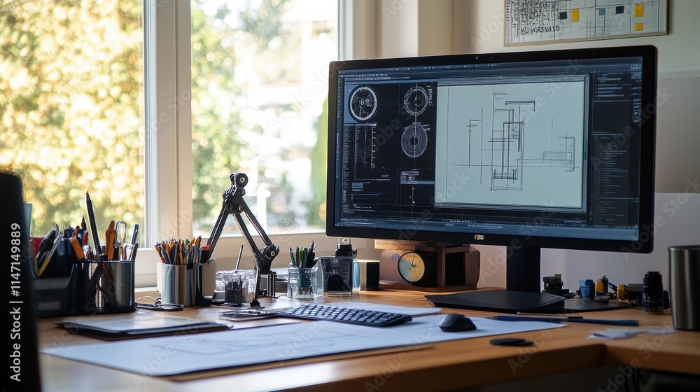 Poster modern engineering desk workspace with computer display and organized tools in a bright office envir