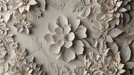 Intricate 3D paper flowers and leaves design.