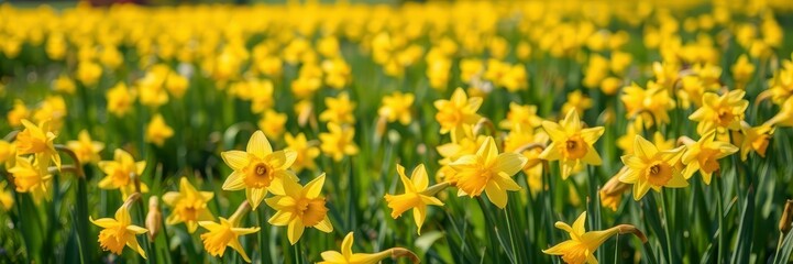 Vibrant yellow daffodil flowers blooming in a lush field under the bright sun, field, spring, bright