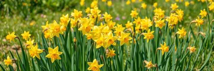 Obraz premium Vibrant yellow daffodil flowers blooming in a lush field under the bright sun, natural, spring