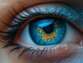 Close-up of a vibrant blue human eye with intricate details and bright colors, highlighting the beauty of the iris and pupil