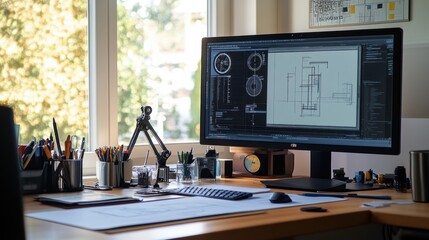 Modern engineering desk workspace with computer display and organized tools in a bright office environment. Generative AI