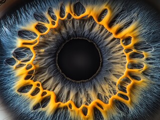 Close-up of a vibrant and intricate human eye with mesmerizing patterns and detailed textures in orange and blue hues