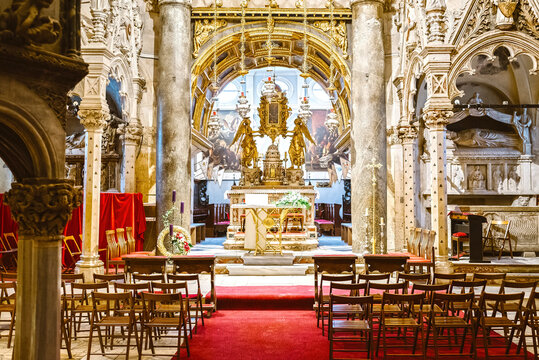 Interior of the ancient Cathedral of Saint Domnius inside the Diocletian's Palace section of Split, Croatia is popular tourist destination