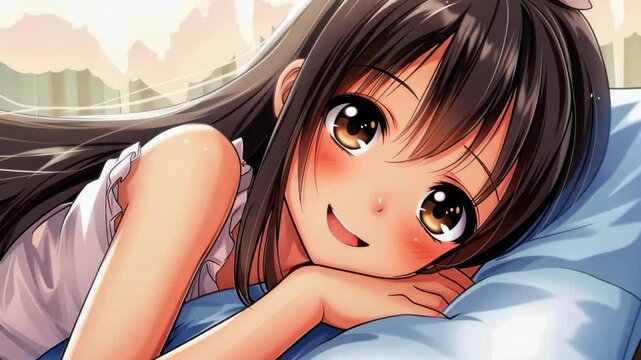 Wake up to a cute anime girl in bed saying good morning. Brighten your day with adorable character art.