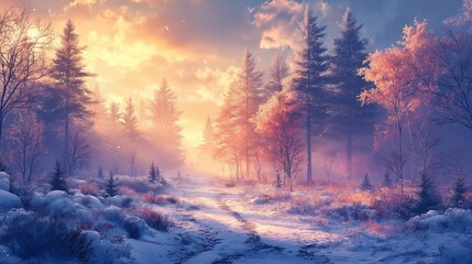 Majestic snowy forest landscape at dawn with vibrant trees and serene atmosphere under a picturesque, colorful sunrise sky