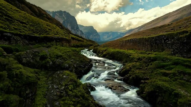 Stunning Landscape of a Serene Mountain Stream Flowing Through Rugged Cliffs in the Carpathian Range
