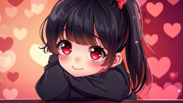 Adorable chibi anime girl in LOFI style with hearts for Valentines day background.