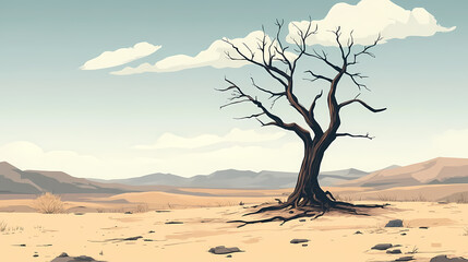 A desolate desert landscape featuring a dead tree standing tall against the barren backdrop, symbolizing the arid conditions. Craggy. Illustration