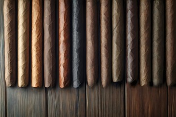 Neatly arranged cigars in varying shades of brown rest on a dark wooden surface, offering an intriguing visual contrast that highlights their luxurious appeal and rich textures