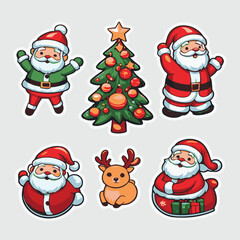 Deer and tree  Santa Claus Christmas Stickers vector style with White background Art & Illustration