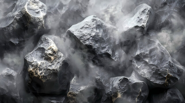 A closeup of rolling fog wrapping around craggy rocks, with sunlight filtering through breaks in the clouds, 3d render. Craggy. Illustration