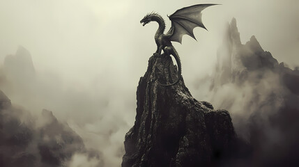 Fototapeta premium A powerful dragon perches atop a craggy mountain peak, overlooking a sprawling fantasy realm shrouded in mist and mystery, its wings unfurled dramatically, generative ai. Craggy. Illustration