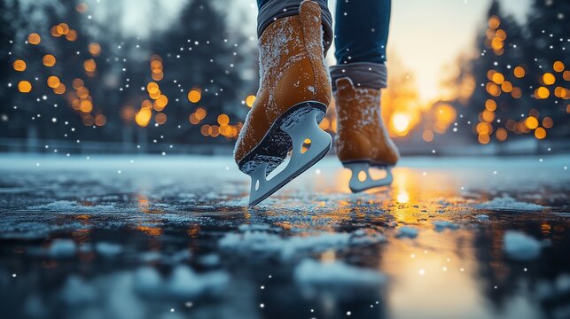 Close-up of person wearing ice skates gliding on frozen lake with snowflakes and twinkling lights in the background
