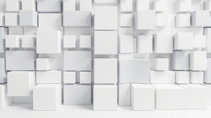 Abstract geometric design of randomly shifted white cube boxes creating a block background wallpaper banner with copy space, design, wallpaper