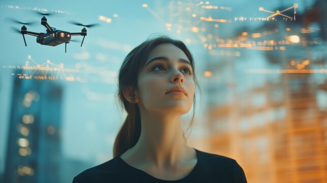 Automated drones flying over urban areas for delivery and monitoring purposes. Generative AI