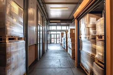 Cardboard boxes containing goods wrapped in plastic film on pallets are stored and ready for shipping in warehouse corridor with glass doors and loading dock