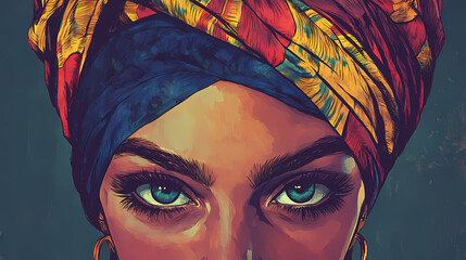An image depicting a woman with craggy eyebrows framed by a surly turban. Craggy. Illustration
