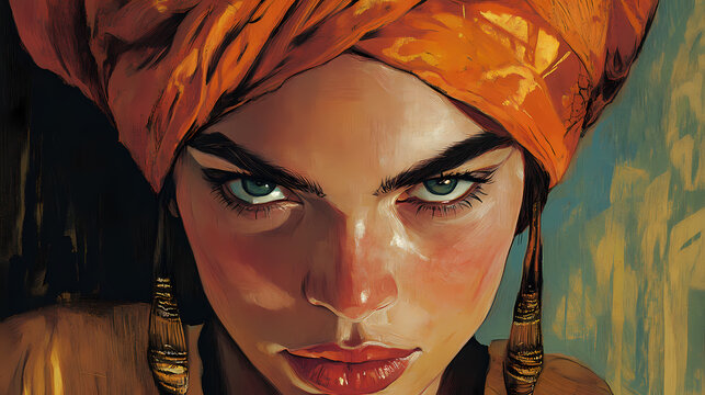 An image depicting a woman with craggy eyebrows framed by a surly turban. Craggy. Illustration