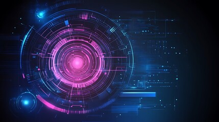Obraz premium A vibrant futuristic technology background featuring circle glowing lines, circuit board patterns, and abstract digital elements in deep blue and purple hues.