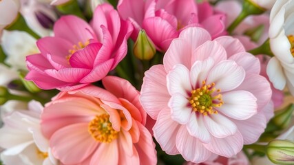 Fototapeta premium Close-up of beautiful pink and white ranunculus flowers in full bloom, botanical, bouquet, petals