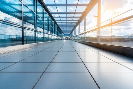 Modern airport walkway with glass walls and bright sunlight. - Powered by Adobe