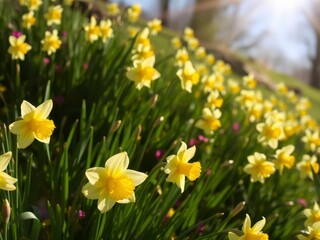 Fototapeta premium Beautiful yellow daffodil flowers blooming in a field under the sun, meadow, botany, sunny