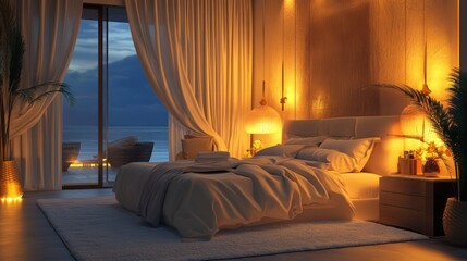 Lavish beachfront bedroom, luxurious king-sized bed, scenic ocean views, ambient lighting, calm atmosphere 