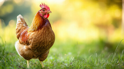 High-resolution close-up of a plump, healthy hen with glossy feathers standing proudly in a natural farm environment with soft-focus grass in the background. 