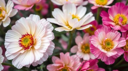 Obraz premium Close-up of beautiful pink and white ranunculus flowers in full bloom, petals, close-up, ranunculus