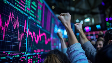 Excited traders celebrating a successful stock market rally in front of large screens with market data.
