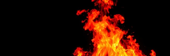 Fototapeta premium Fiery red and orange flames dancing against a stark black background, heat, black background, red