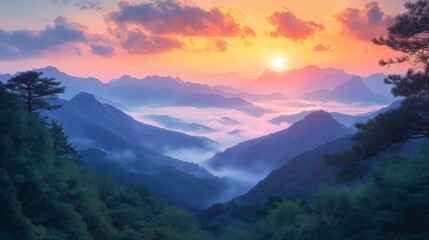 Majestic mountain landscape at sunrise with vibrant colors, misty valleys, and ethereal light creating a serene natural panorama