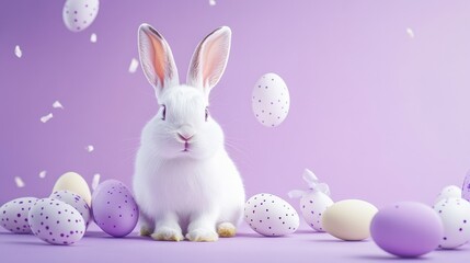A charming white bunny surrounded by pastel-colored eggs on a soft purple background, perfect for Easter themes.