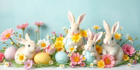 Obraz premium Easter eggs, bunnies, and flowers arranged on a grey concrete background, holiday, seasonal, tradition