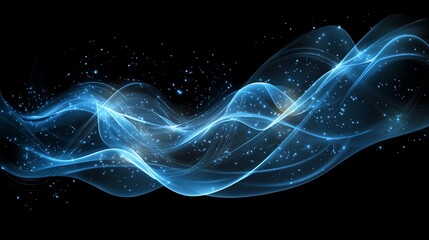 Abstract blue waves with glittering particles on black background.