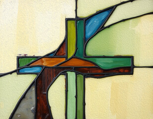 Cross . Colorful stained glass window. Multicolored interior design template. Oil painting